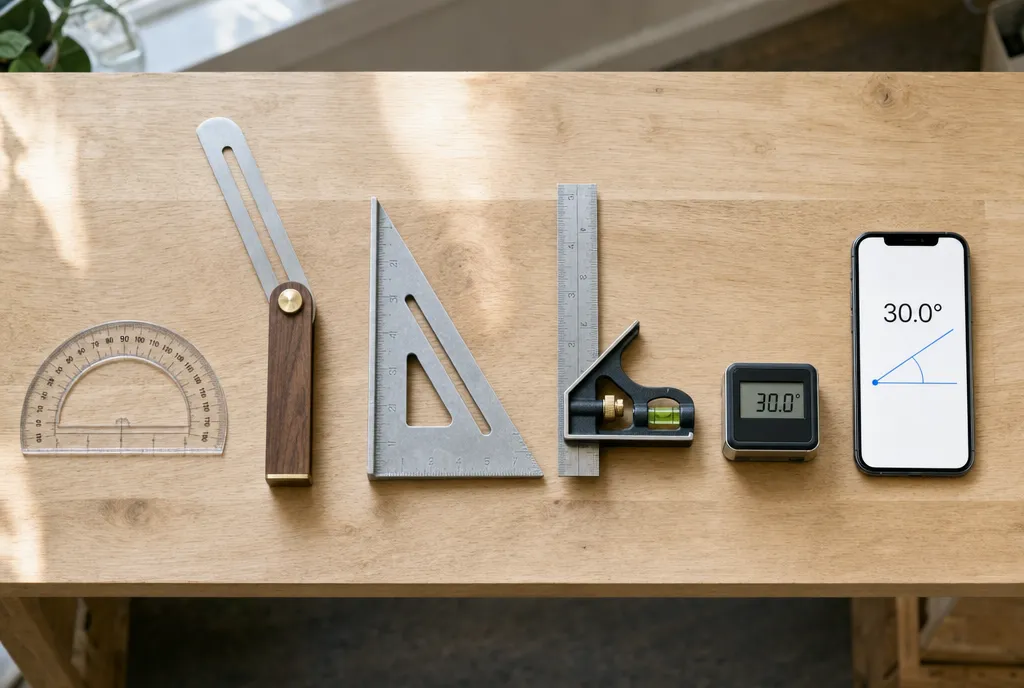 Six angle tools laid out on a workbench: a protractor, sliding T-bevel, speed square, combination square, digital angle gauge and a smartphone