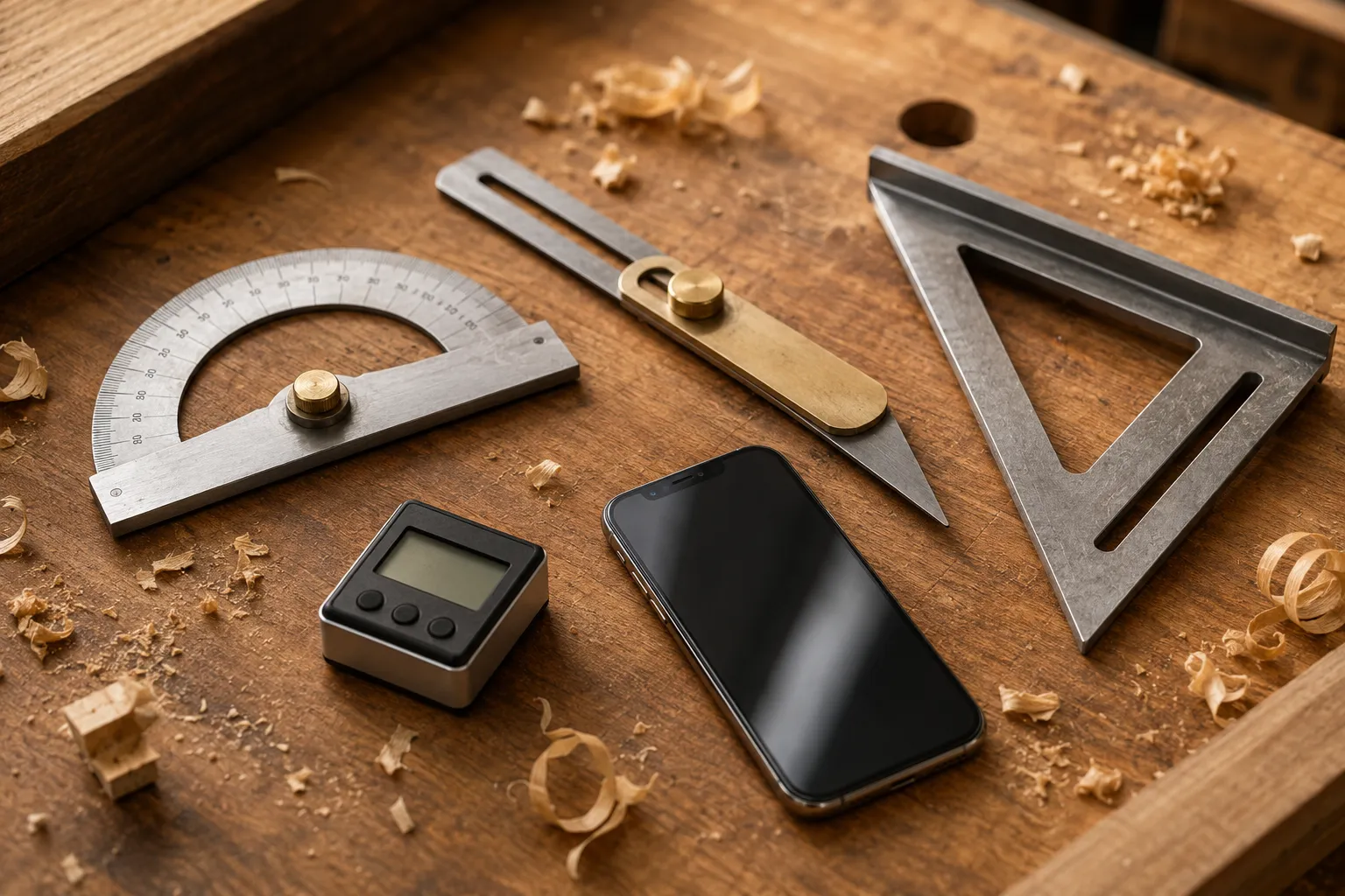 Angle measuring tools laid out on a workbench: protractor, sliding T-bevel, speed square, digital angle gauge, and an iPhone