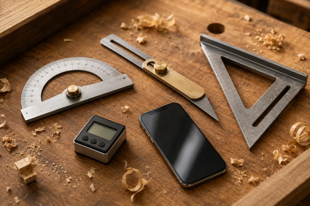 Angle measuring tools laid out on a workbench: protractor, sliding T-bevel, speed square, digital angle gauge, and an iPhone
