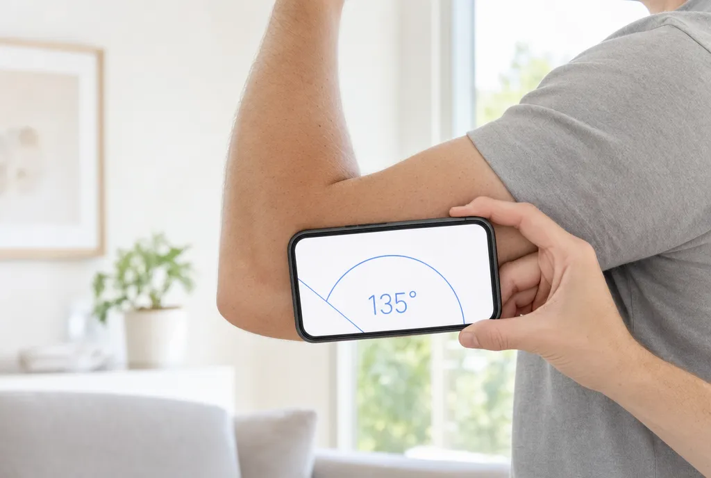 Ein Smartphone flach am Unterarm angelegt, um die Ellbogenbeugung in Grad abzulesen