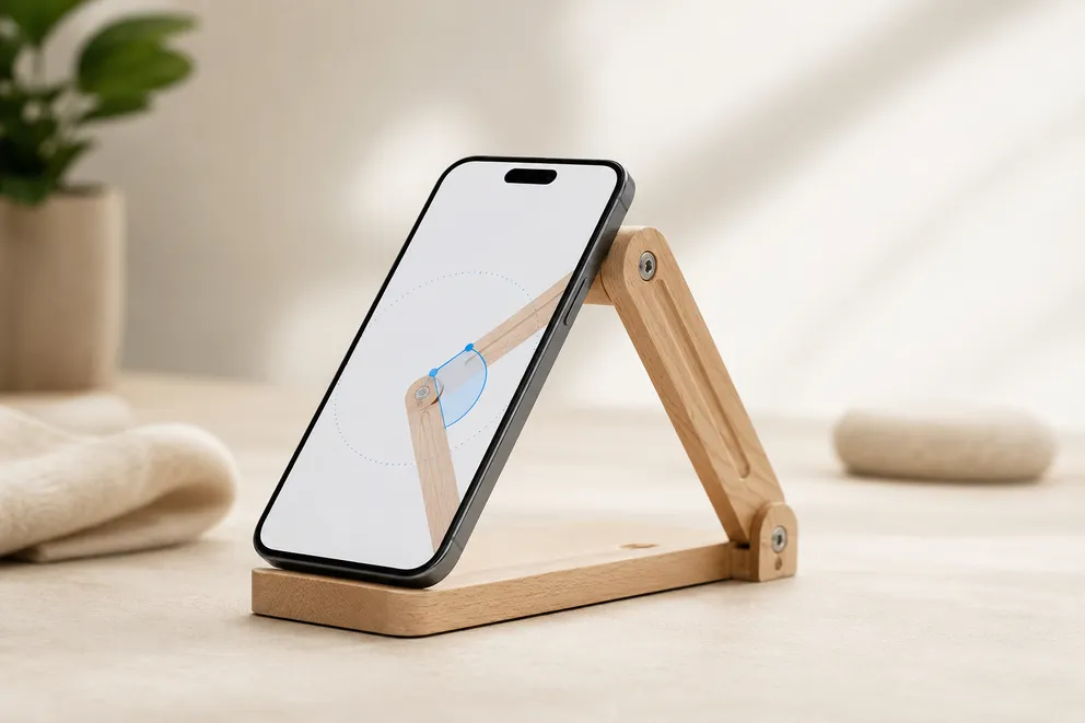 Ein Handy liegt auf einer scharnierten Holzvorrichtung und misst deren Beugewinkel