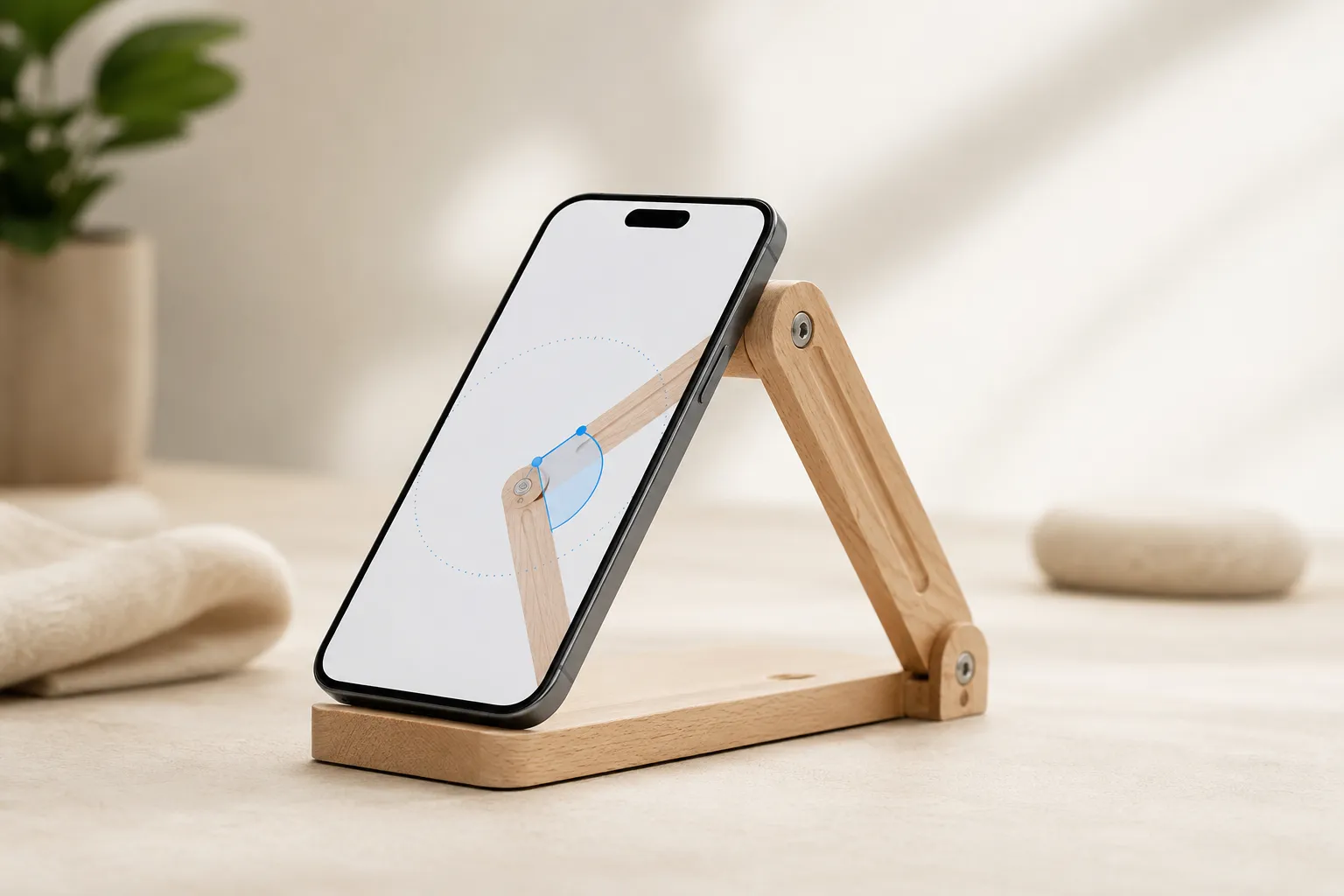 Ein Handy liegt auf einer scharnierten Holzvorrichtung und misst deren Beugewinkel