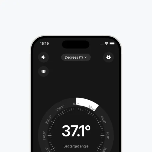 Protractor app showing a live angle readout in degrees on an iPhone