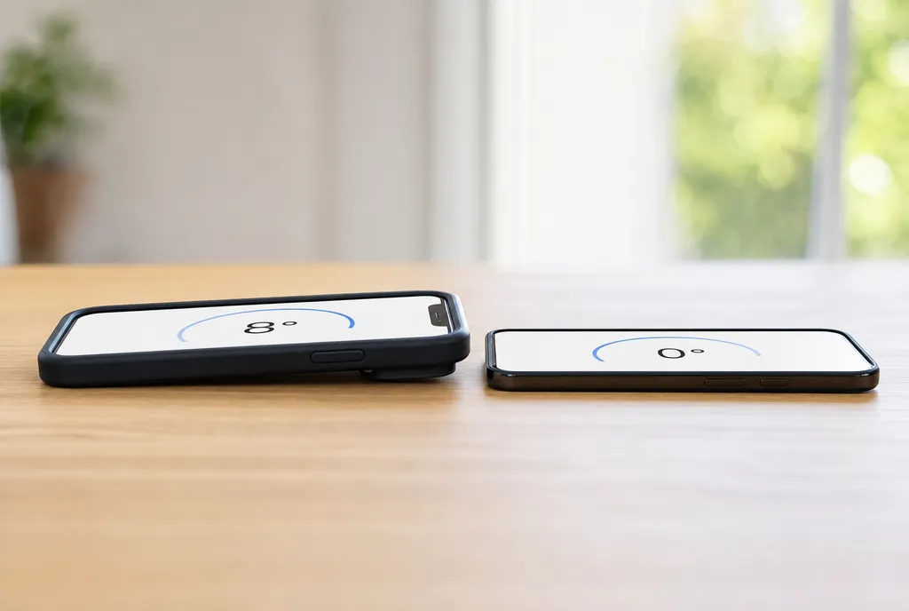 Due telefoni affiancati su una tavola: uno con una custodia voluminosa e scalino fotocamera che lo solleva, l’altro nudo e appoggiato in piano