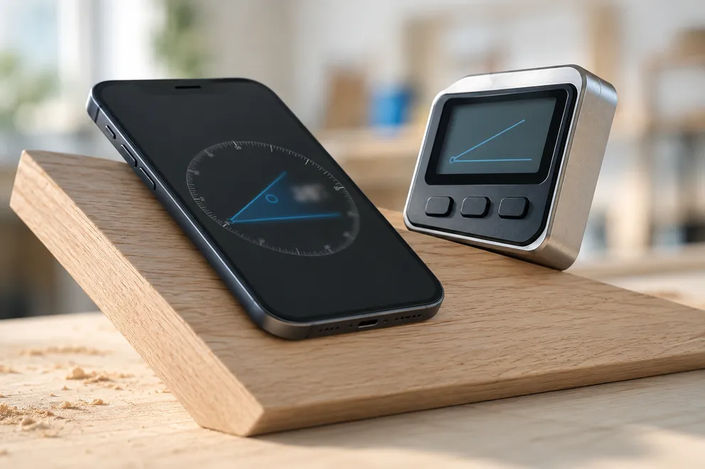 Ein iPhone und ein digitales Winkelmessgerät nebeneinander, beide zeigen denselben Winkel