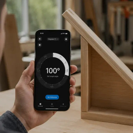 iPhone resting on a sloped surface showing a live angle reading in the Protractor app