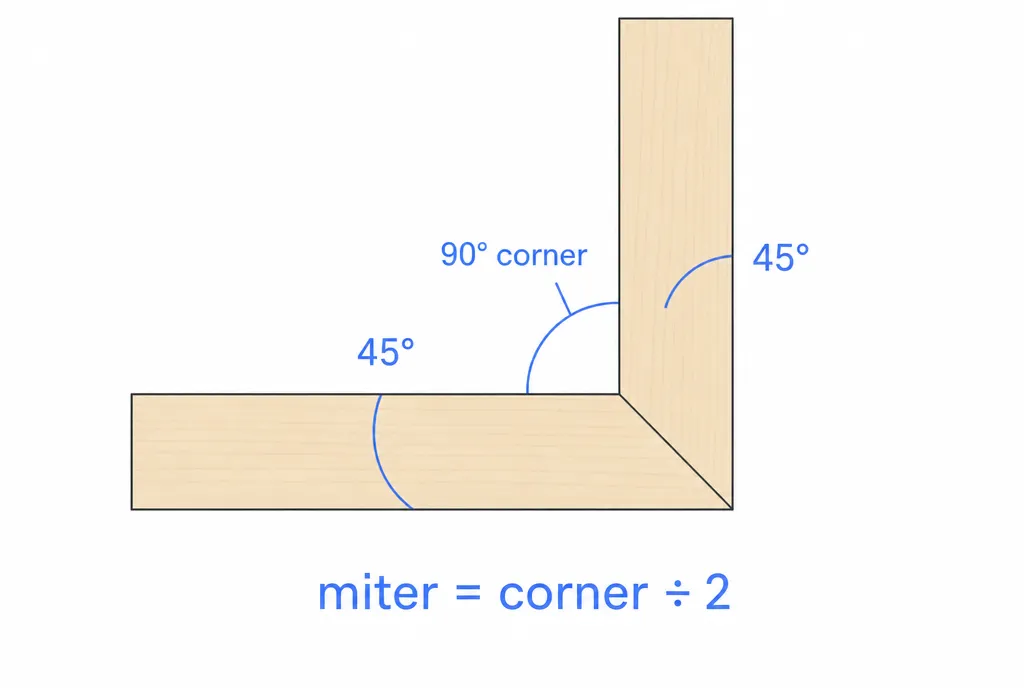 A 90° corner made from two boards, each cut at 45°, with the miter angle shown as half the corner angle