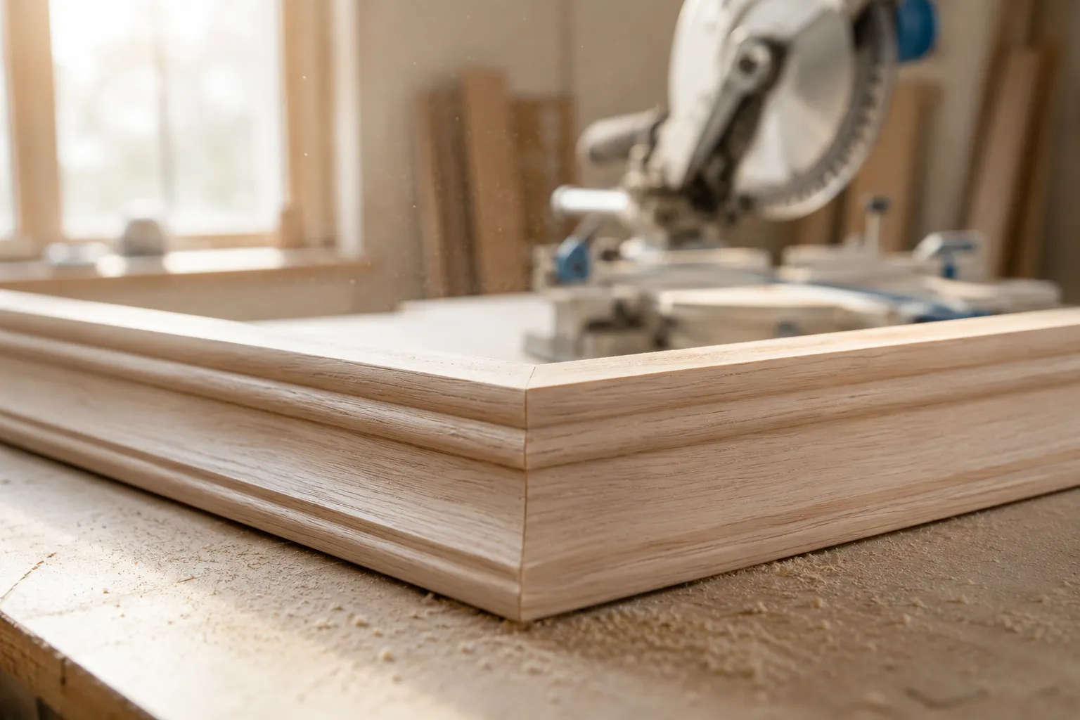 A mitered wooden frame corner on a workbench beside a miter saw
