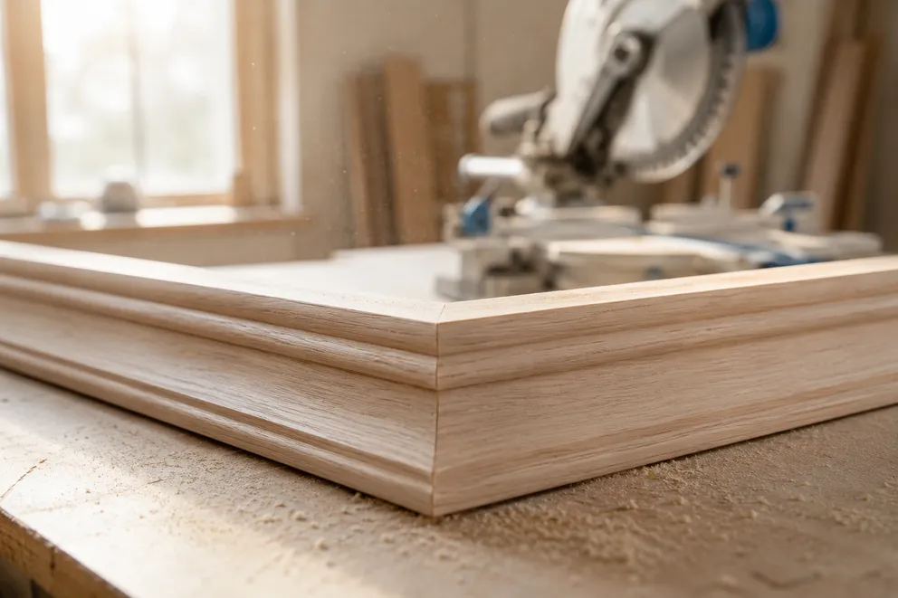Eine auf Gehrung gearbeitete Rahmenecke aus Holz auf der Werkbank neben einer Kappsäge
