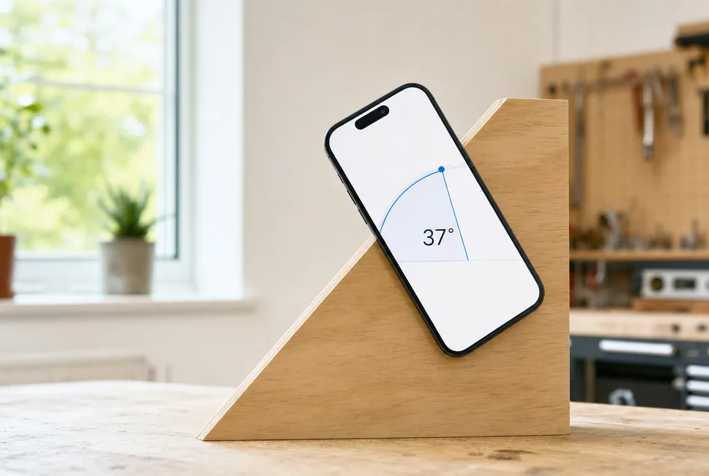Uno smartphone appoggiato lungo un bordo di un pezzo di legno triangolare per leggerne direttamente l’angolo
