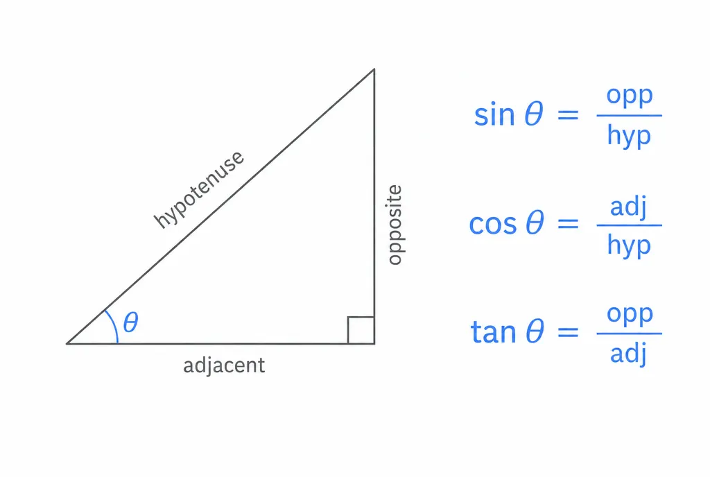 Un triangolo rettangolo con cateto opposto, cateto adiacente e ipotenusa indicati rispetto all’angolo θ, e i tre rapporti sin, cos, tan
