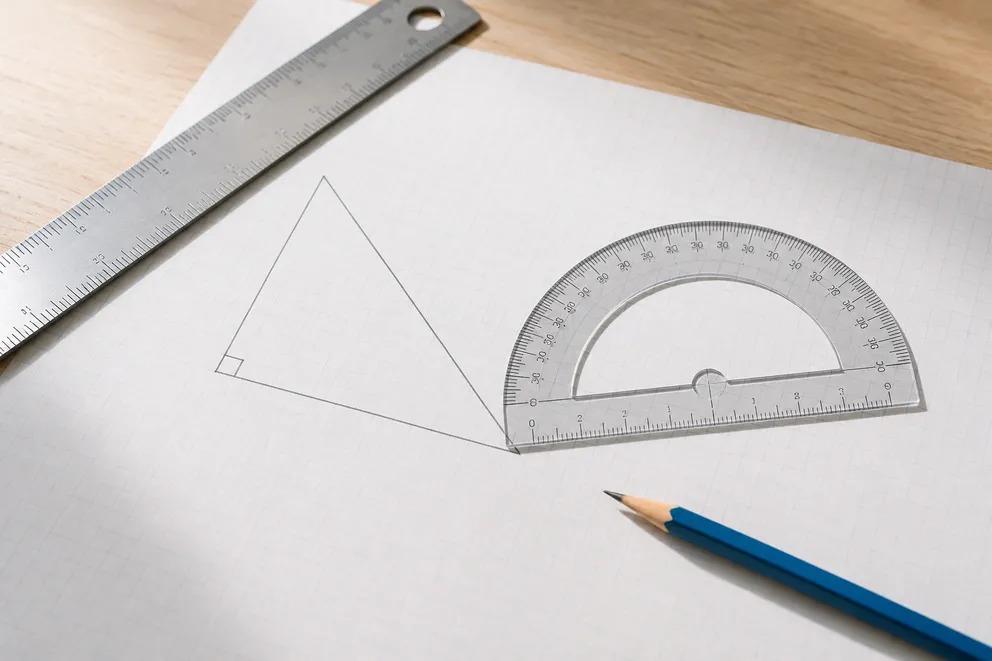 Ein rechtwinkliges Dreieck auf Millimeterpapier mit Winkelmesser und Lineal