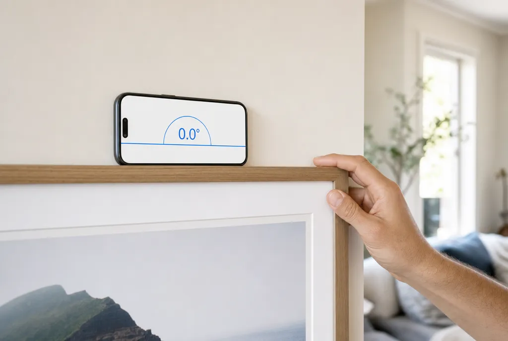 A smartphone resting on the top edge of a picture frame on a wall, showing 0.0° on a level app