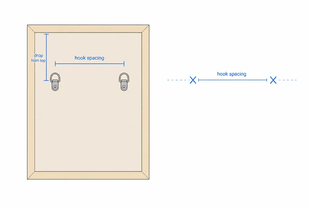Back of a picture frame with two D-rings, showing how to measure the hook spacing and transfer a level line to the wall