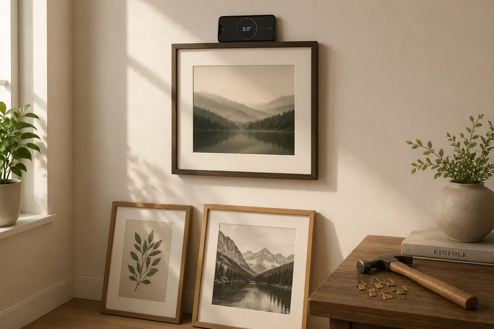 A framed print on a wall with an iPhone resting on its top edge reading 0.0 degrees, more frames leaning below