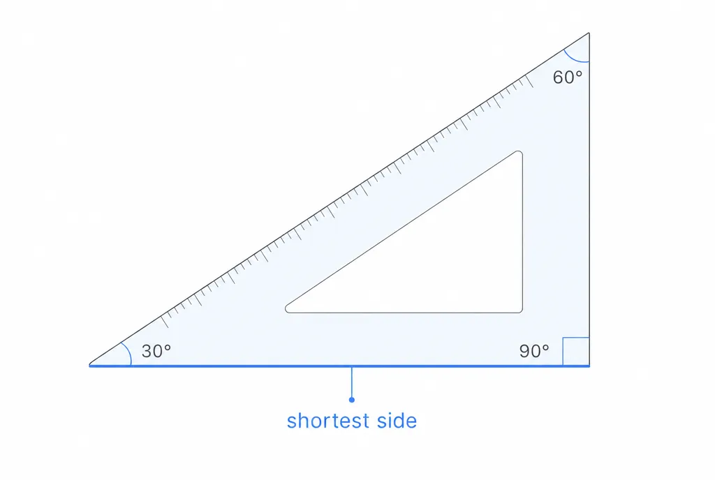 A 30-60-90 drafting triangle with each corner labeled, its shortest side highlighted