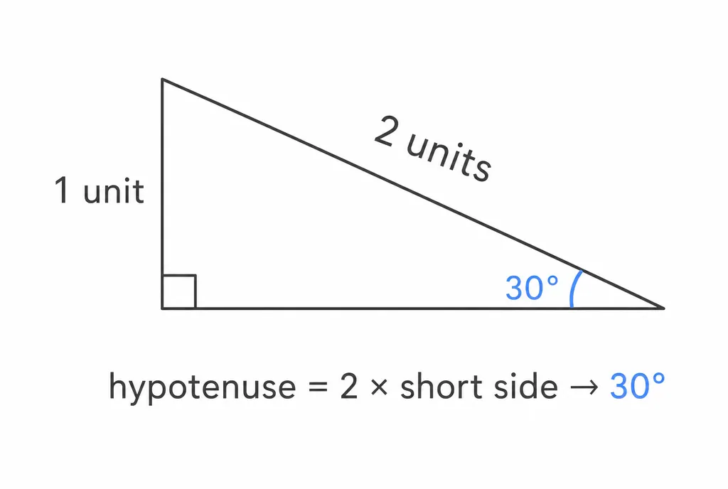 Right triangle where the hypotenuse is exactly twice the short side, producing a 30° angle