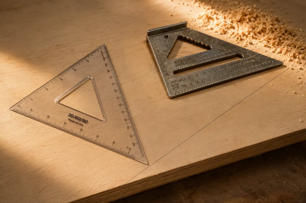 A 30-60-90 drafting triangle and a speed square on plywood next to a pencil line drawn at 30 degrees