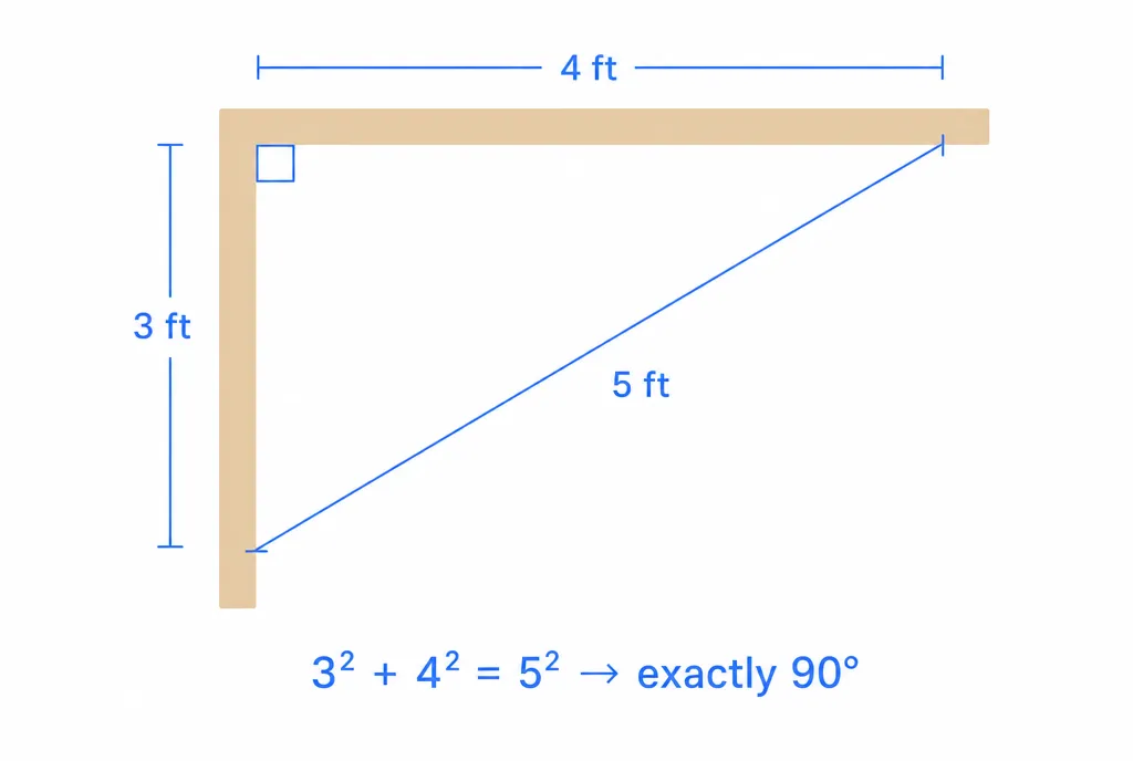 Uno spigolo verificato con la regola 3-4-5: 3 metri lungo una parete, 4 lungo l’altra e una diagonale di 5 metri tra i segni