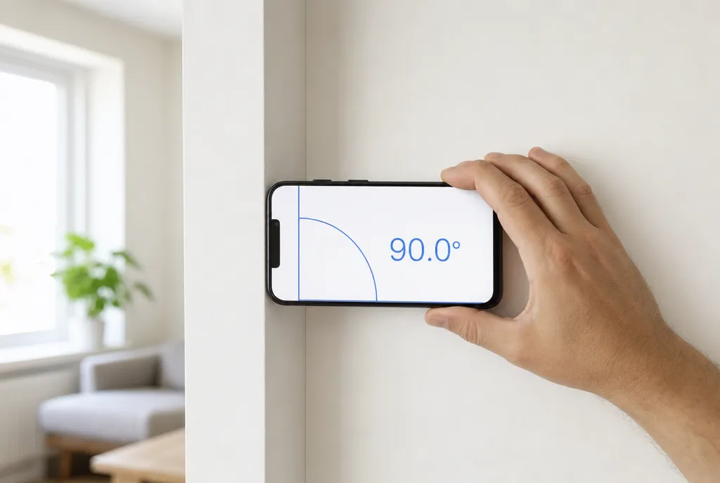 Uno smartphone tenuto in verticale contro una parete accanto a uno spigolo, che legge 90,0° su un’app goniometro
