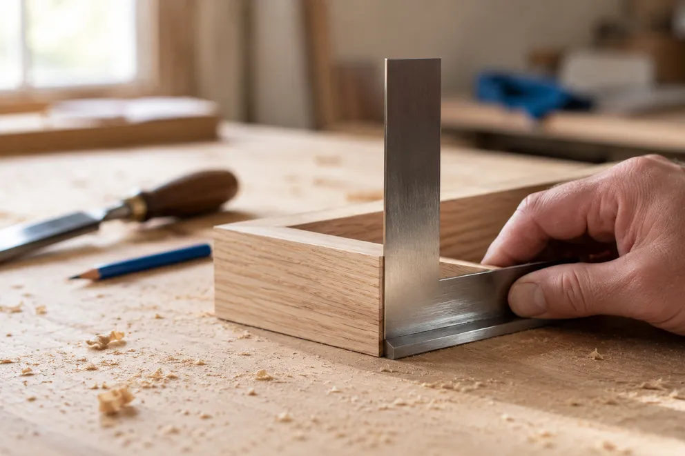Ein stählerner Anschlagwinkel prüft eine 90-Grad-Ecke an einem Holzrahmen