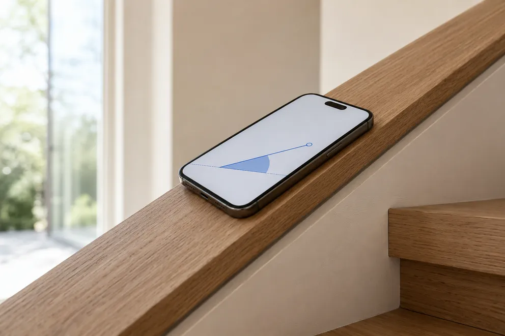 Ein Handy liegt auf dem Handlauf einer Holztreppe und misst deren Winkel