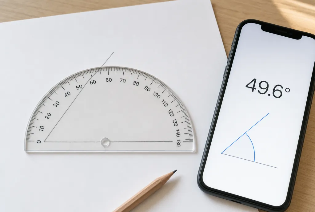 A clear protractor centered on the vertex of an angle drawn on paper, reading about 50 degrees