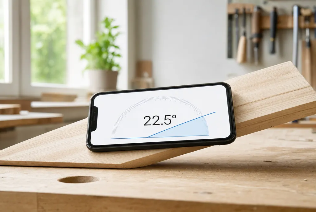 傾いた木の板に平らに置かれたスマートフォンが、傾斜を度数で表示している