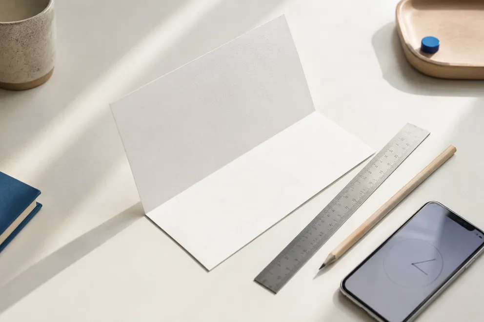 A folded sheet of paper forming an angle next to a phone and a ruler