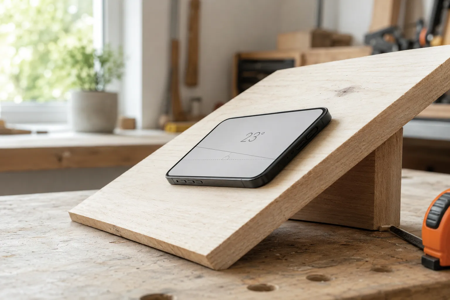 An iPhone resting against a sloped surface showing an angle measured in degrees