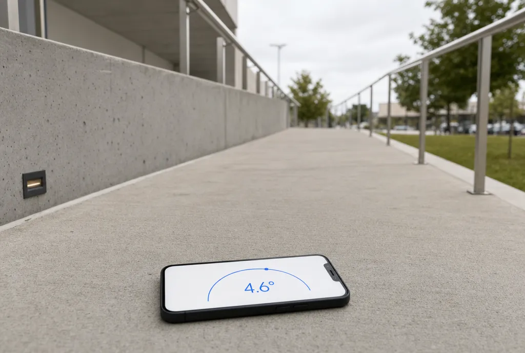 A smartphone lying flat on the surface of an outdoor accessibility ramp, reading its slope on screen