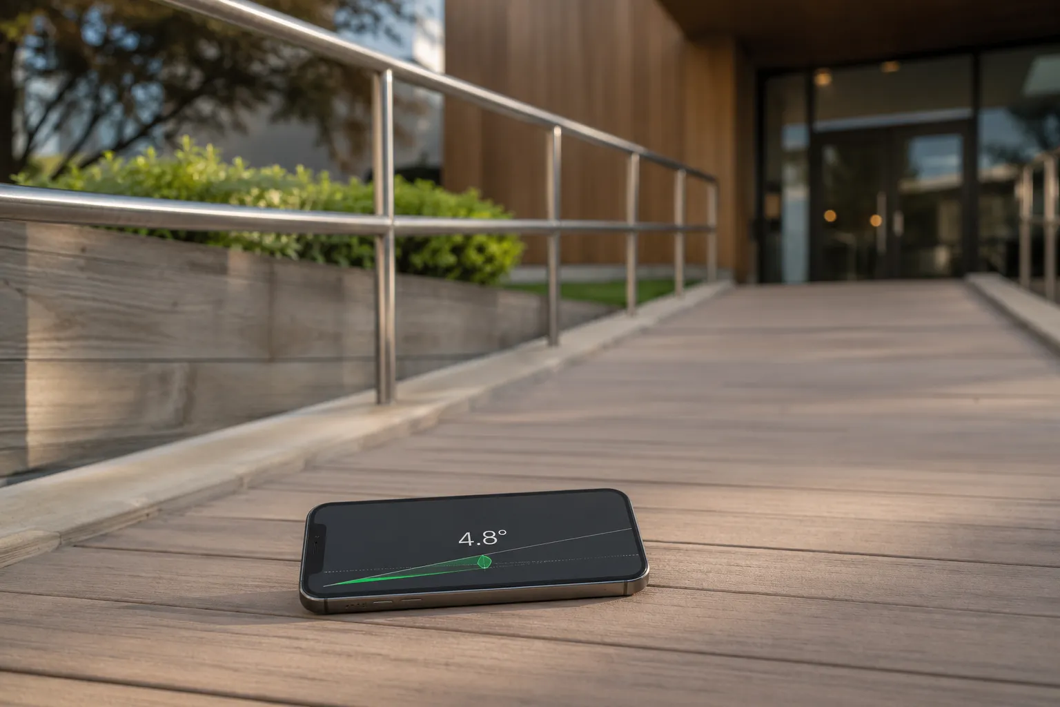 An iPhone lying on a wheelchair ramp reading a 4.8-degree slope, with the handrail and building entrance behind