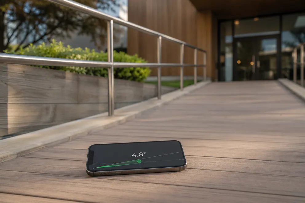 An iPhone lying on a wheelchair ramp reading a 4.8-degree slope, with the handrail and building entrance behind