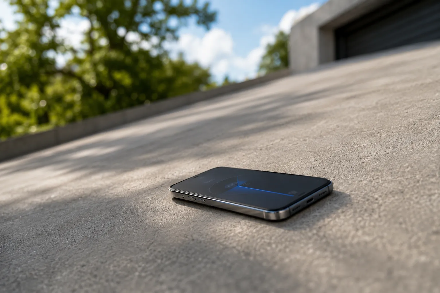 Un iPhone appoggiato su una superficie di cemento inclinata mentre misura la pendenza