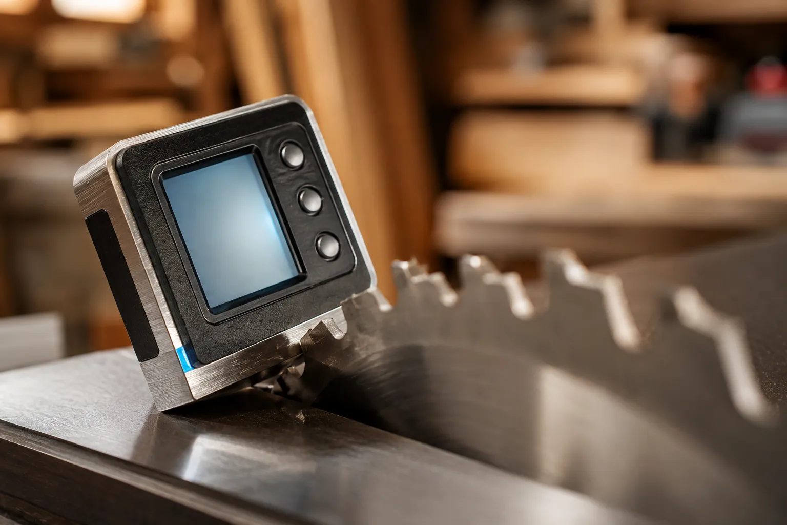 Ein digitales Winkelmessgerät mit LCD haftet magnetisch an einem Kreissägeblatt