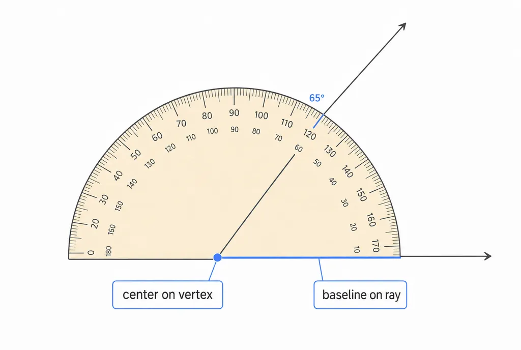 A protractor correctly placed on an angle: center hole on the vertex, baseline on one ray, other ray reading 65°
