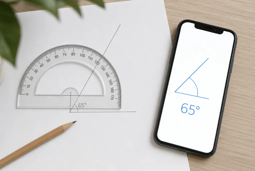 A clear protractor and a smartphone side by side on a desk, both showing the same angle reading