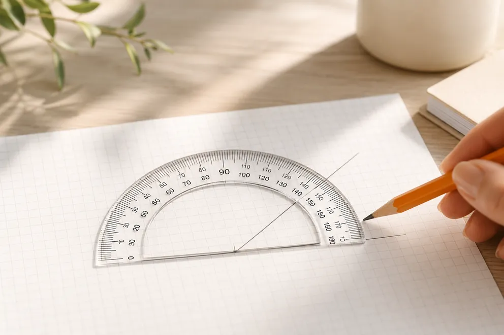 A semicircular protractor aligned to the vertex of an angle on paper