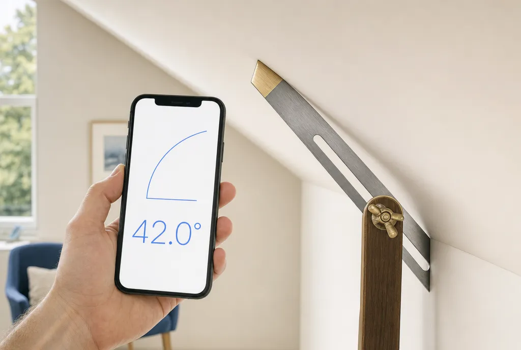A sliding T-bevel with its blade set into an inside corner between a wall and a sloped ceiling