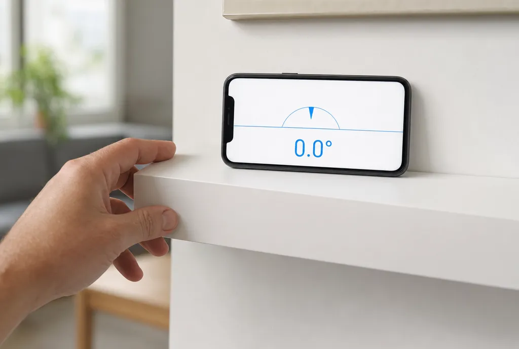 調整中の壁棚に置かれたスマホと、0.0° を表示する水平器アプリ