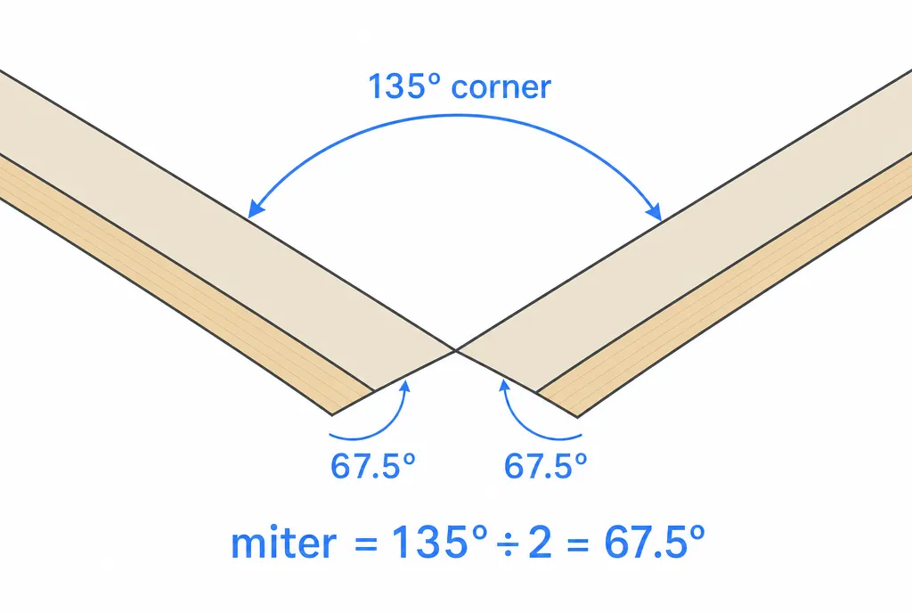 A 135° corner with a piece of trim on each wall, each end cut at 67.5°, showing miter equals corner angle divided by two