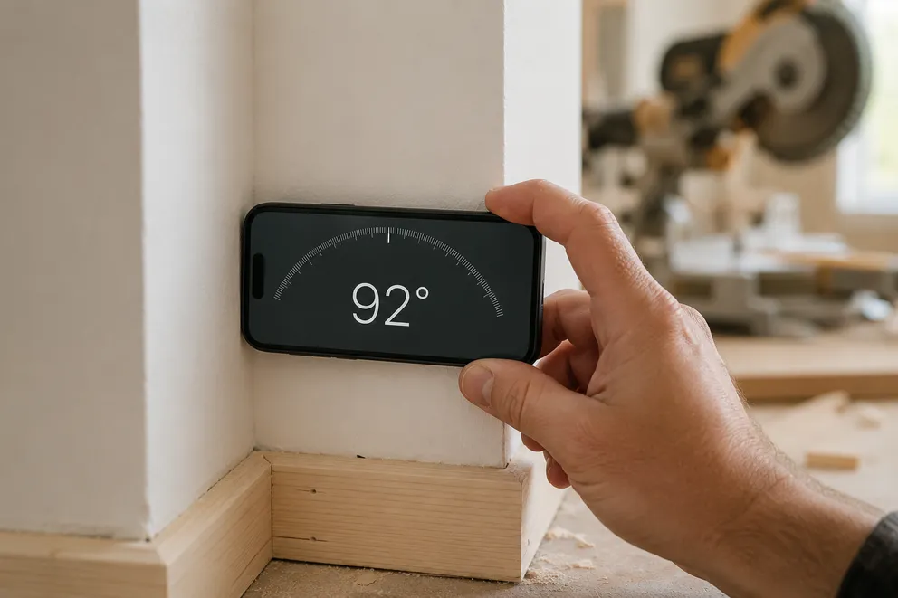 A hand holding an iPhone flat against an inside wall corner, reading the corner angle as 92 degrees