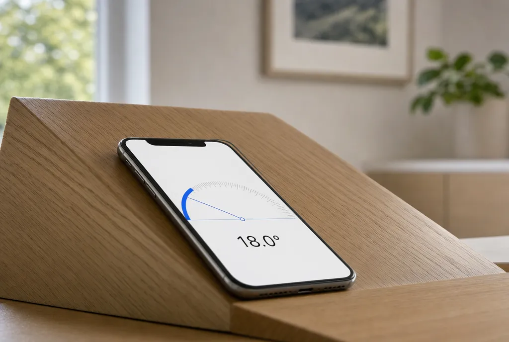 傾いた木の面に平らに置かれた iPhone と、角度を表示する分度器アプリ