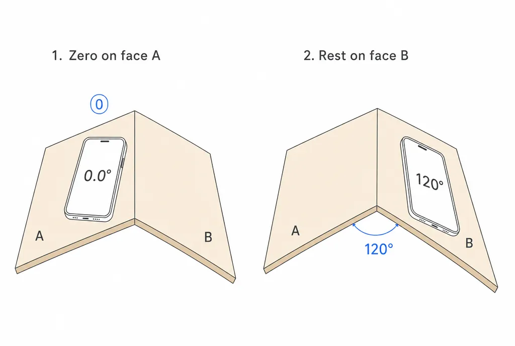 2 段階の図:板の一方の面でスマホをゼロにし、次に隣の面に置いて 2 面のあいだの角度を読む