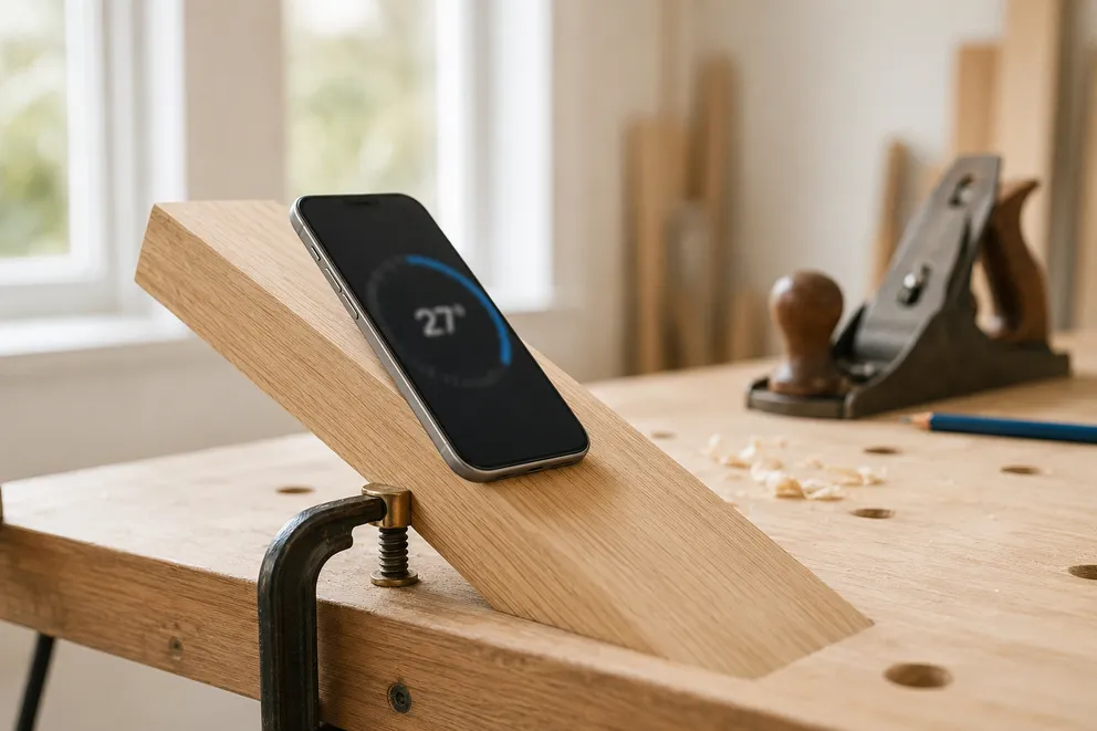 An iPhone resting on a tilted board on a workbench, measuring its angle