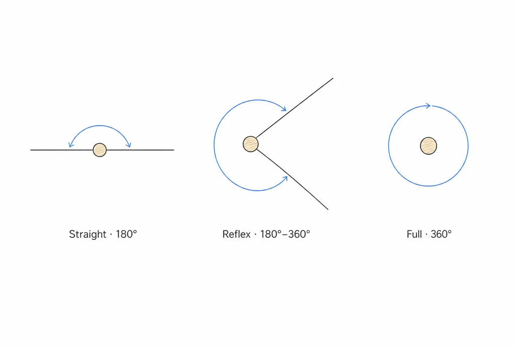 大きな角度 3 つ:180° の直線(平角)、180° を超える優角、360° の 1 回転