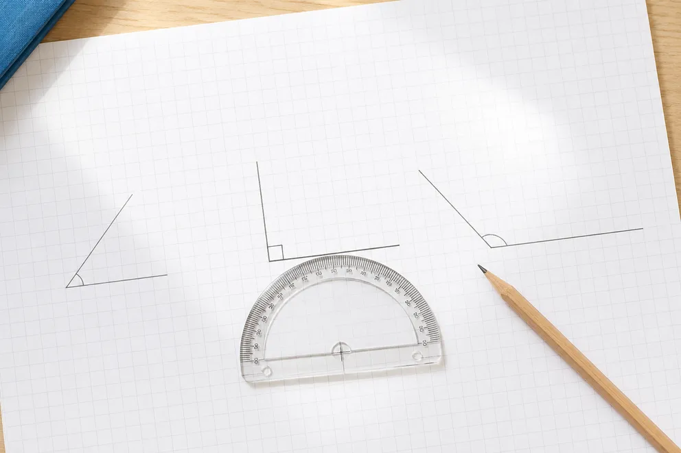 Acute, right, and obtuse angles drawn on graph paper with a protractor