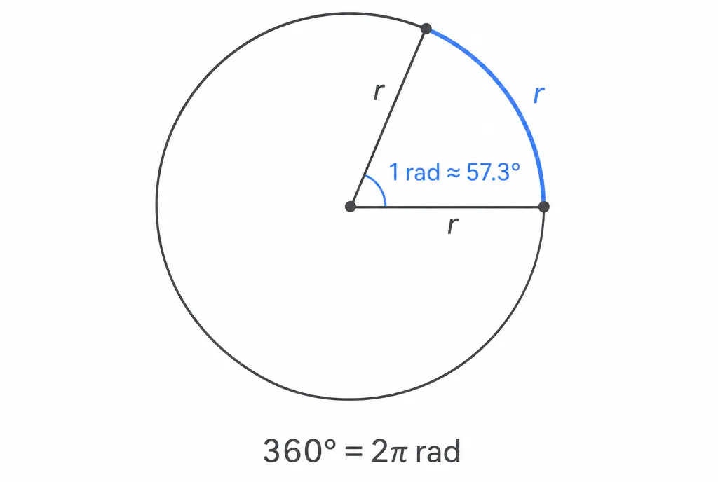 Ein Kreis, der ein Radiant zeigt: ein Bogen so lang wie der Radius, daneben die entsprechenden 57,3 Grad